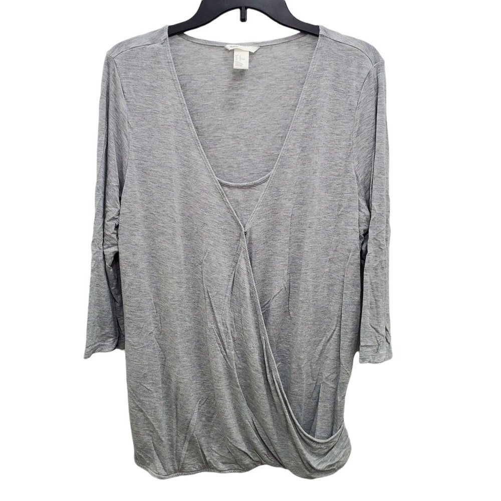 H&M Maternity Gray‎ Deep V-neck Layered 3/4 Sleeve Wrap Nursing Top Size XL